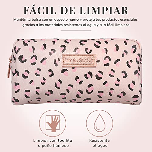 Estuche Escolar Pequeño, Bolsa de Viaje Multiusos para Artículos de Papelería, Manualidades y Productos de Aseo - Organizador de Maquillaje para Mujeres con Estampado de Leopardo (Rosa/Crema)