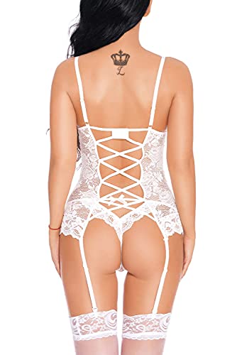 EVELIFE Mujer Sexy Conjunto de Lencería, Correa Trasera Sexy Encaje Ropa Interior + Tanga Lencería Transparente Erótico Encaje Babydoll (Blanco X-Large)