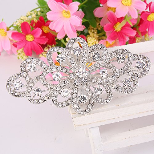 EVER FAITH Broche para Mujer Cristal Austríaco 4 Inch Flor Filigrana Boda Claro Tono Plateado