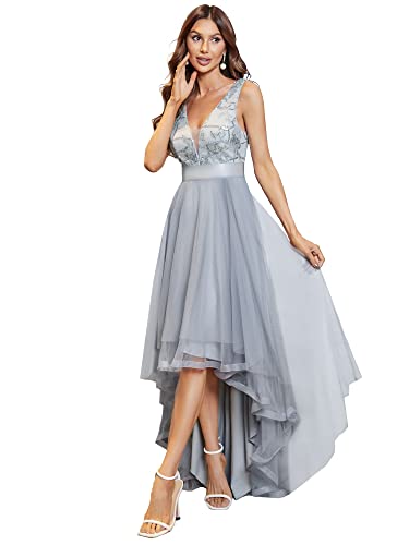 Ever-Pretty Asimétrico Vestido de Fiesta Largo Mujer Tul Lentejuelas Alto Bajo Escote V A-línea Imperio Gris 38