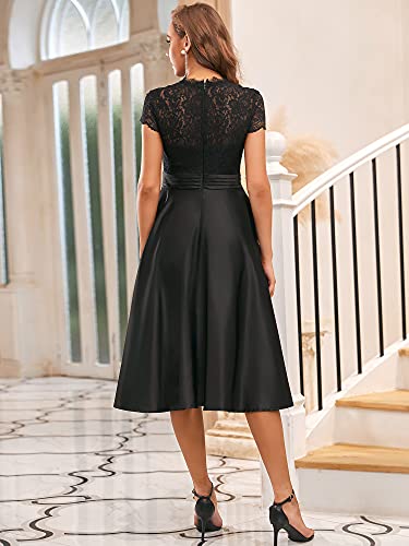 Ever-Pretty Vestido de Fiesta A-línea Largo para Mujer Encaje Mangas Casquillo Escote en V Corte Imperio Sencillo Negro 40