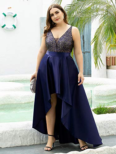 Ever-Pretty Vestidos Ceremonia y Eventos Sin Mangas Escote en V Corte Imperio Elegant Alta Baja Talla Grande Mujer Azul Marino 52