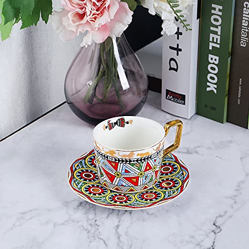 fanquare Juego de Taza y Platillo de Café Turco, Taza de Té con Geométrico y Animal, Juego de Taza de Café de Porcelana, 200ml