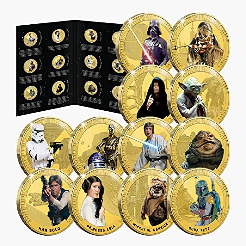 FANTASY CLUB Star Wars Colección Completa Triología Original Episodios IV-Vi - 12 Monedas / Medallas conmemorativas acuñadas con baño en Oro 24 Quilates y coloreadas a 4 Colores - 44mm