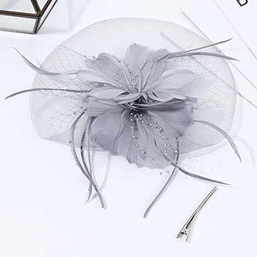 Fashband Tocado sombrero de malla de flor velo de plumas diadema con clip para el pelo de cóctel, diadema de boda, accesorios para el cabello nupcial para mujeres y niñas