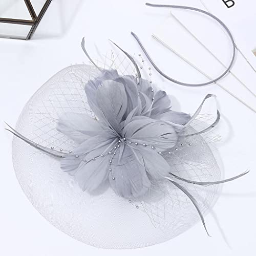 Fashband Tocado sombrero de malla de flor velo de plumas diadema con clip para el pelo de cóctel, diadema de boda, accesorios para el cabello nupcial para mujeres y niñas