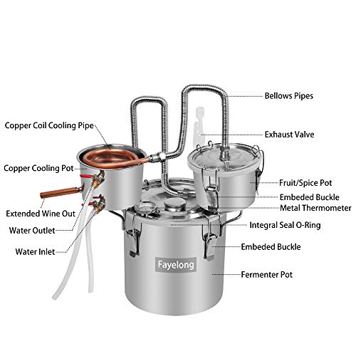 FayeLong - Kit completo para destilación casera: alambique, destilador con serpentín y termómetro, de acero inoxidable, para la destilación de agua, alcohol, vino y aceites esenciales