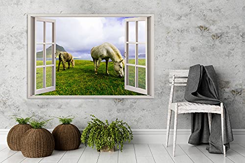 Feeby Impresión en Material Tejido no Tejido Caballos En Un Prado Roca Mar 60x40 cm Calidad fotografica Decoración De Pared Ventana Abierta Ilusión 3D Mar Verde