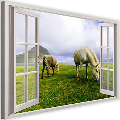 Feeby Impresión en Material Tejido no Tejido Caballos En Un Prado Roca Mar 60x40 cm Calidad fotografica Decoración De Pared Ventana Abierta Ilusión 3D Mar Verde