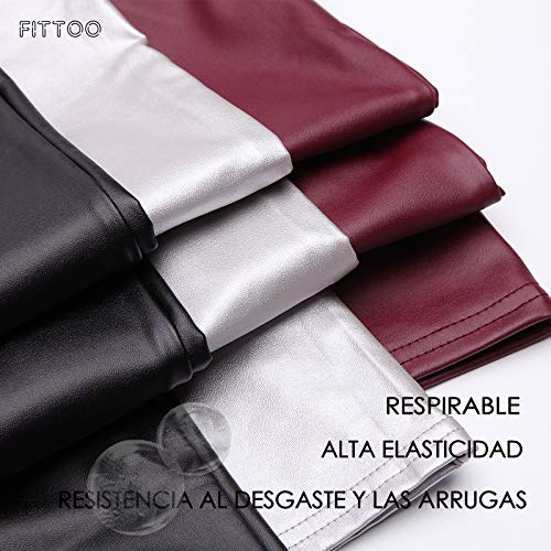 FITTOO PU Leggings Cuero Imitación Pantalón Elásticos Cintura Alta Push Up para Mujer #1 Bolsillo Falso Poca Terciopelo Negro XXL