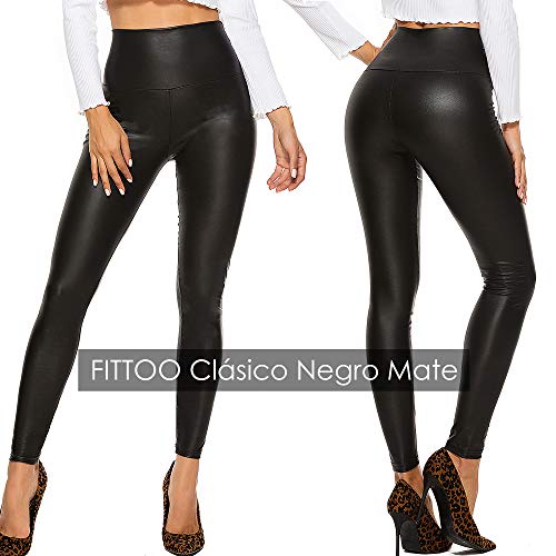 FITTOO PU Leggings Cuero Imitación Pantalón Elásticos Cintura Alta Push Up para Mujer #2 Clásico Negro Mate XL