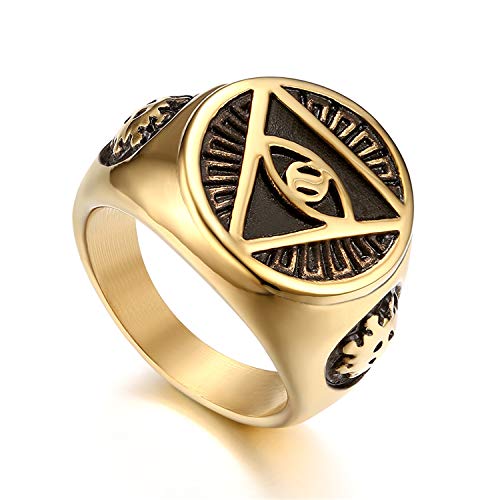 Flongo Anillo de Sello Dorado Anillo de Hombre Acero Inoxidable La Pirámide con El Ojo Que Todo Lo Ve, Anillo Ojo de Horus Egipcio, Regalo Original para Hombre Talla 22