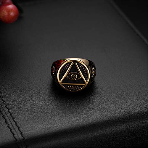 Flongo Anillo de Sello Dorado Anillo de Hombre Acero Inoxidable La Pirámide con El Ojo Que Todo Lo Ve, Anillo Ojo de Horus Egipcio, Regalo Original para Hombre Talla 22