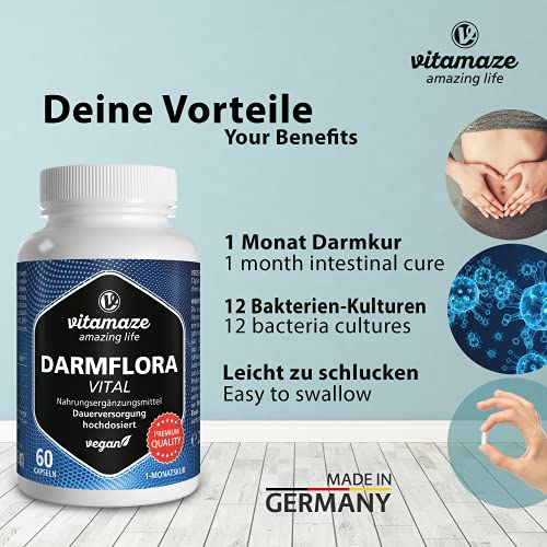 Flora Intestinal Suplemento, 60 Cápsulas Vegano Probióticas para una Cura Intestino de 1 Mes, 12 Cultivos de Bacterias Intestinales + Inulina, 16,2 Millardos de UFC al Ddía, Calidad Alemana