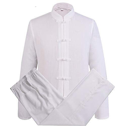 FLY FLU Tai Chi Uniforme Mujer， Traje Tang para Hombre, Trajes De Ropa Tradicional China, Camisa De Manga Larga De Algodón Hanfu, Abrigo, Tops Y Pantalones para Hombre,White-S