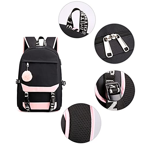 FMBK666 Black.Pink L.isa Mochila Escolar Mochila con Carga USB Mochila Informal Mochila para computadora para niña Niño Mochila de Viaje Mochila para Libros