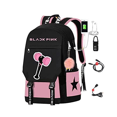 FMBK666 Black.Pink L.isa Mochila Escolar Mochila con Carga USB Mochila Informal Mochila para computadora para niña Niño Mochila de Viaje Mochila para Libros