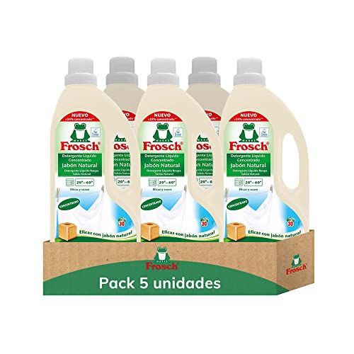 Frosch - Detergente Líquido Concentrado Jabón Natural para Lavadora, Ropa Limpia e Impecable en el Lavado, Apto para Todo Tipo de Tejidos menos Lana y Seda - Pack de 5 Unidades x 1.5 L