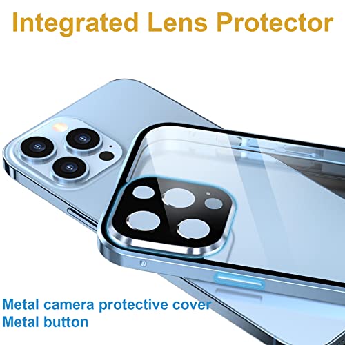 Funda Compatible con iPhone 13 Magnética,360 Grados Full Antichoque Protección+[ Protector Cámara],Parachoques Metal con Ultra Transparente Doble Cara Vidrio Templado Flip Case,Azul