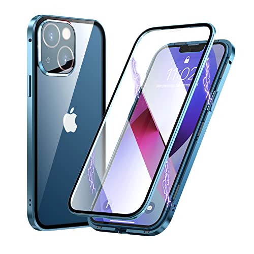 Funda Compatible con iPhone 13 Magnética,360 Grados Full Antichoque Protección+[ Protector Cámara],Parachoques Metal con Ultra Transparente Doble Cara Vidrio Templado Flip Case,Azul