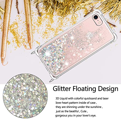 Funda con Cuerda para iPhone 7/iPhone 8/SE 2020, Carcasa Brillante Glitter Transparente Silicona TPU Protección Case con Ajustable Correa de Cuello Cadena Cordón, Caso de Arena movediza in Oro Rosa