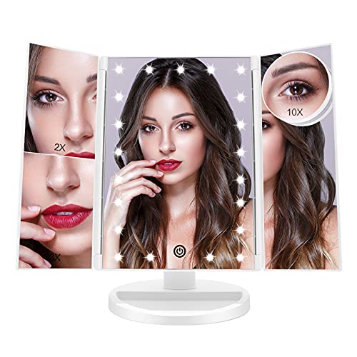 FUNTOUCH Espejo Maquillaje con Luz, Espejo Tríptica Maquillaje con Aumento 10X, 3X, 2X,1X, Espejo Maquillaje con Luz 21 Led, Fuente de Alimentación Dual, Espejo para Maquillarse con Rotación de 180 °