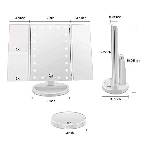 FUNTOUCH Espejo Maquillaje con Luz, Espejo Tríptica Maquillaje con Aumento 10X, 3X, 2X,1X, Espejo Maquillaje con Luz 21 Led, Fuente de Alimentación Dual, Espejo para Maquillarse con Rotación de 180 °