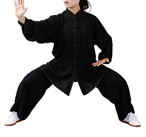 FUYUFU Algodón y Lino Traje de Tai Chi Unisex Ropa de Artes Marciales Kung-fu Disfraz para Hombre y Mujer (un Conjunto) (Negro, XXXL)