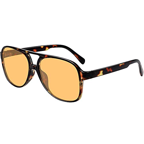 Gafas de sol de aviador vintage para mujeres y hombres de los años 70 clásicos retro grandes, (Lente tintada amarilla con marco de leopardo), Medium