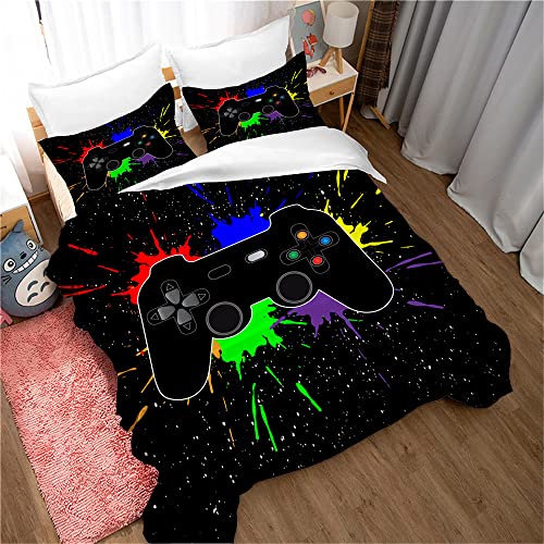 Gamepad 3D Funda Nórdica Juego de Cama para Niños Ropa de Cama Galaxy Watercolor Splash Graffiti Microfiber Kids Gamer Fundas de Edredón y Funda de Almohada (Negro, 150x200 cm Cama 90 cm)