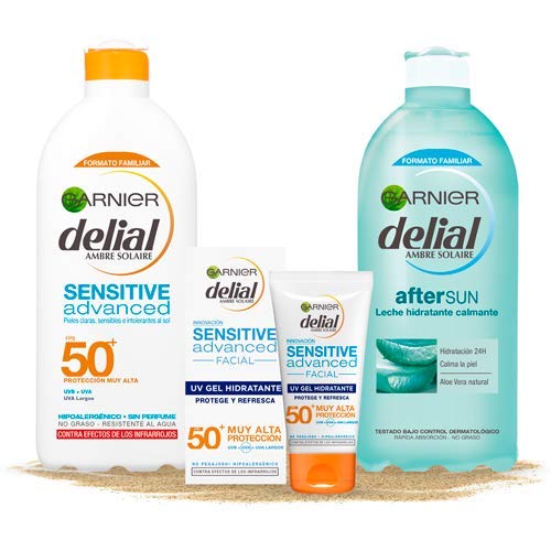 Garnier Delial Kit de Protección Pieles Sensibles: Protección Facial UV Gel IP50+, Leche Solar IP 50+, Leche Hidratante Calmante After Sun - Gel 50 ml, Leche Solar 400 ml, After Sun 400 ml