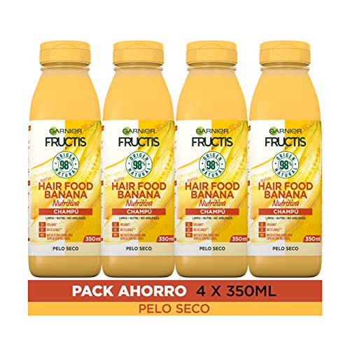 Garnier Fructis Hair Food Champú Banana Nutritiva, indicado para Pelo Seco - Pack de 4 x 350 ml