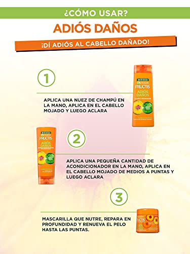 Garnier Fructis Pack Champú y Acondicionador y Mascarilla para Pelo Dañado, con Aceite de Fruto de Amla, Limpia, Repara y Forfitica el cabello desde el interior, Adiós Daños, Set de 3 Productos