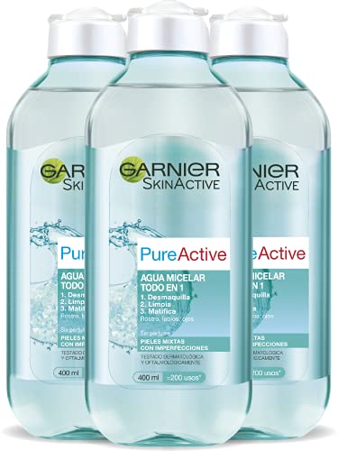 Garnier Pure Active - Pack x3 agua micelar desmaquilla, limpia y matifica para pieles mixtas con imperfecciones, 3x 400ml