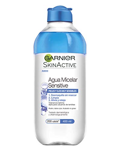 Garnier Skin Active Agua Micelar Sensitive, Desmaquillante para Ojos, Labios y Rostro, Limpiador Facial, Limpia, Alivia y Relaja la Piel, No Reseca, para Pieles Sensibles, Pack x 3, 400 ml