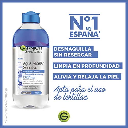 Garnier Skin Active Agua Micelar Sensitive, Desmaquillante para Ojos, Labios y Rostro, Limpiador Facial, Limpia, Alivia y Relaja la Piel, No Reseca, para Pieles Sensibles, Pack x 3, 400 ml