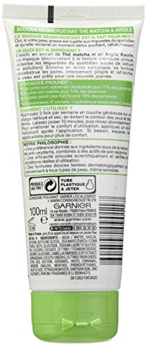 Garnier SkinActive Pure Active - Mascarilla desincrustante de té Matcha para pieles mixtas a grasas, lote de 2 x 100 ml