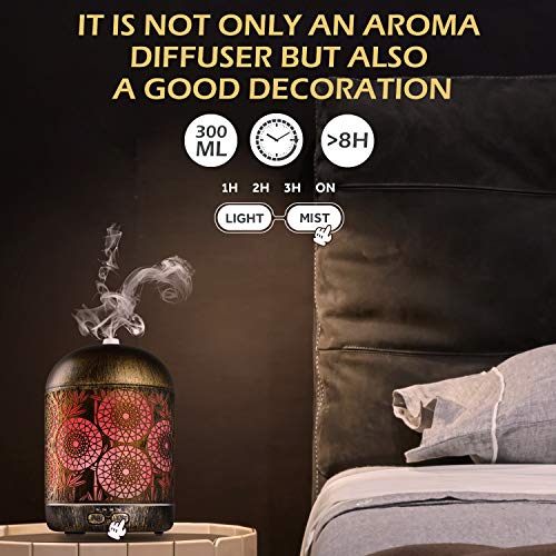 GeeRic Humidificador Aceites Esenciales,300ml humificador de Aromas en Metal Difusor de Aceite perfumado Nebulizador silencioso para aceites Esenciales con 7 Colores LED para Yoga Oficina