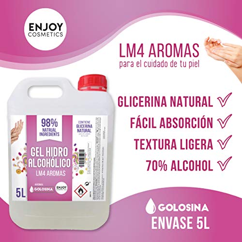 Gel hidroalcohólico NUEVO AROMA GOLOSINA 5000 ml con 70% alcohol y con glicerina natural para el cuidado de la piel. 98% ingredientes Naturales.