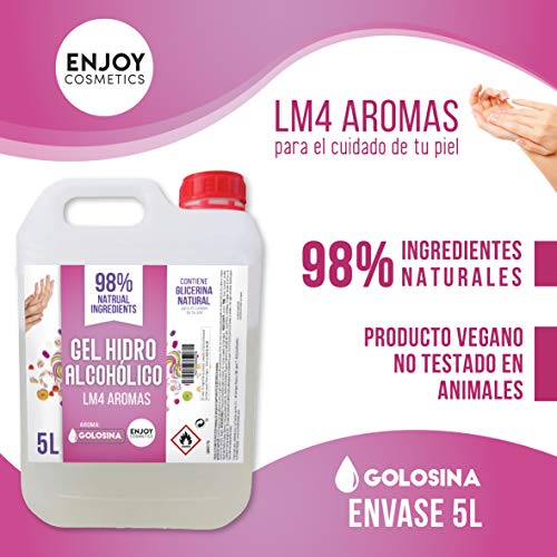 Gel hidroalcohólico NUEVO AROMA GOLOSINA 5000 ml con 70% alcohol y con glicerina natural para el cuidado de la piel. 98% ingredientes Naturales.