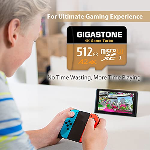 Gigastone 512GB Tarjeta de Memoria Micro SD, Vídeo 4K UHD Game Turbo, Ejecutar Aplicación A2, Nintendo Switch, 100MB/80/s Lec/Esc, UHS-I U3 C10