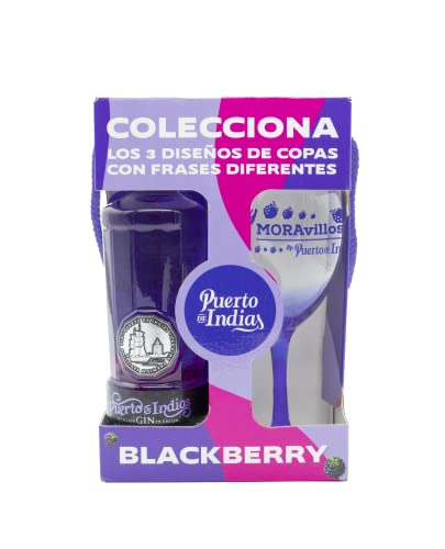 Gin Puerto de Indias - Pack Gin Blackberry Premium + Copa de Cristal con mensaje de Regalo - Ginebra de Moras Premium - Kit Ginebra de Mora con Copa de cristal - 70 cl - 37.5%