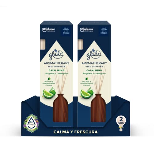 Glade Aromatherapy Varillas fragancia Calm Mind [Bergamot & Lemongrass], Líquido con Aceites Esenciales, 16 varillas de ratán, más de 90 días de duración. Pack de 2