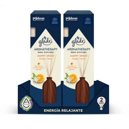 Glade Aromatherapy Varillas fragancia Pure Happiness [Orange & Neroli], Líquido con Aceites Esenciales, 16 varillas de ratán, más de 90 días de duración. Pack de 2