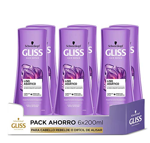 Gliss - Acondicionador para pelo rebelde o difícil de alisar - Liso Asiático – 6uds de 200ml (1.200ml) – Gama alisado fácil