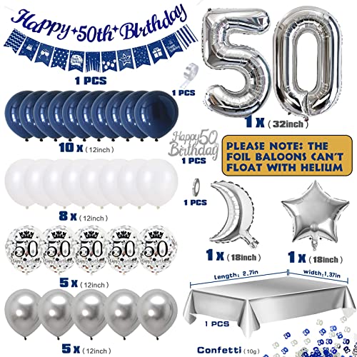 Globos Cumpleaños 50 Años Hombres, Decoraciones de Cumpleaños Azul Plata 50er Cumpleaños con Pancarta Feliz Cumpleaños Globo Numero 50 para Adultos Decoración de Fiesta