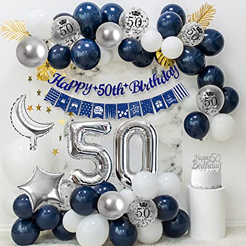 Globos Cumpleaños 50 Años Hombres, Decoraciones de Cumpleaños Azul Plata 50er Cumpleaños con Pancarta Feliz Cumpleaños Globo Numero 50 para Adultos Decoración de Fiesta