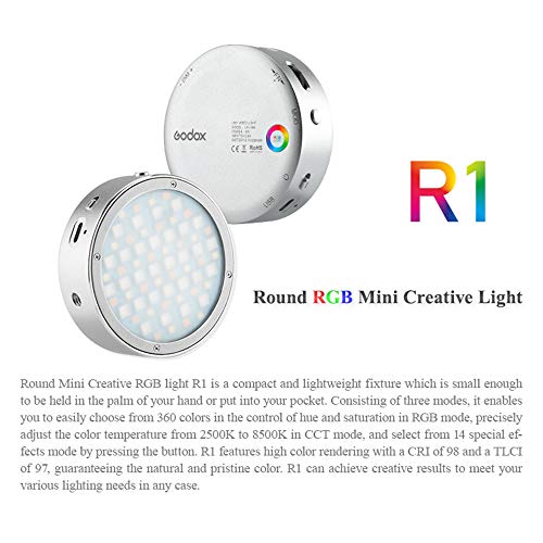 GODOX R1 LED Mini Creativa Luz 360 Colores 2500K a 8500K Temperatura de Color 14 Efectos Especiales CRI 98 TLCI 97 Color Exacto (Silver)