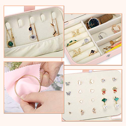 Gozlu Joyeros Mujer Organizador, Pequeña Joyero Viaje Decorativas Cajas, con 2 Joyas Paños Limpios, Para Anillos, Aretes, Pendientes, Pulseras y Collares, Rosa