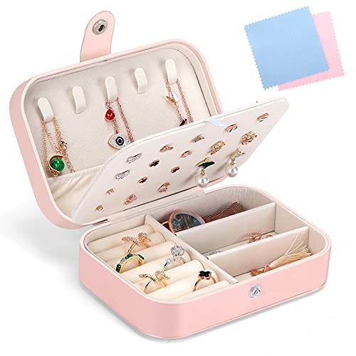 Gozlu Joyeros Mujer Organizador, Pequeña Joyero Viaje Decorativas Cajas, con 2 Joyas Paños Limpios, Para Anillos, Aretes, Pendientes, Pulseras y Collares, Rosa